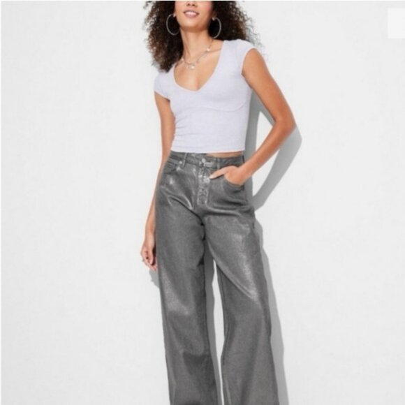 wild fable Denim - NWT Wild Fable High-Rise Baggy Jeans Womens 4 Dark Gray Silver Metallic  Disco